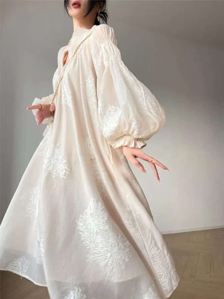 France Lantern Sleeve Embroidery Midi Dress for Spring Autumn New V Neck Lace Up Vestidos Korean Clothes