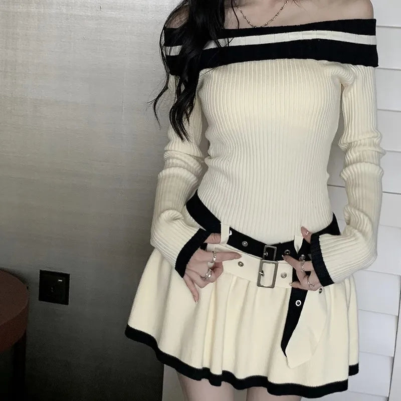 Y2k Slim Knitted Mini Dresses Off Shoulder Korean Short Party Dress With Belt Autumn New Clothing