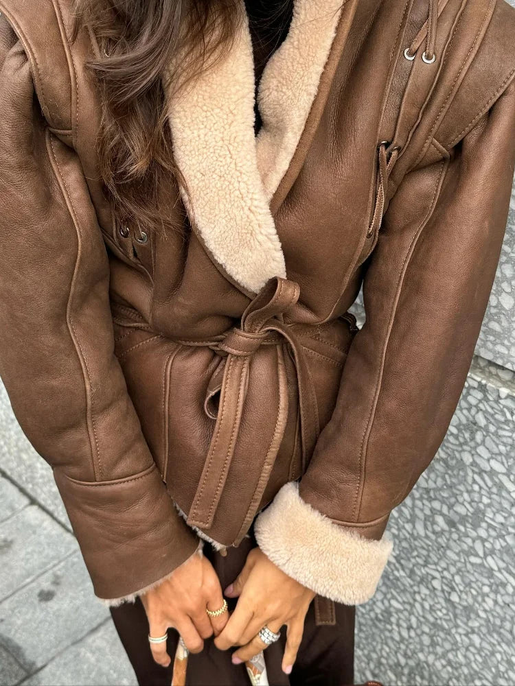 Warm Furry Leather Woman Jacket With Belt Lapel Long Sleeve Motorcycle Coat Lady Winter High Street Outerwear