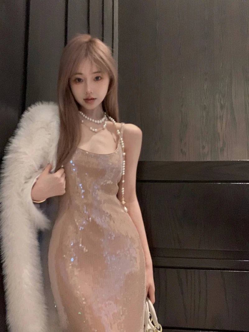 Spicy Girl Heavy Industry Sequin Sling Dress Summer New Waist Female Wrap Hip Long Dresses