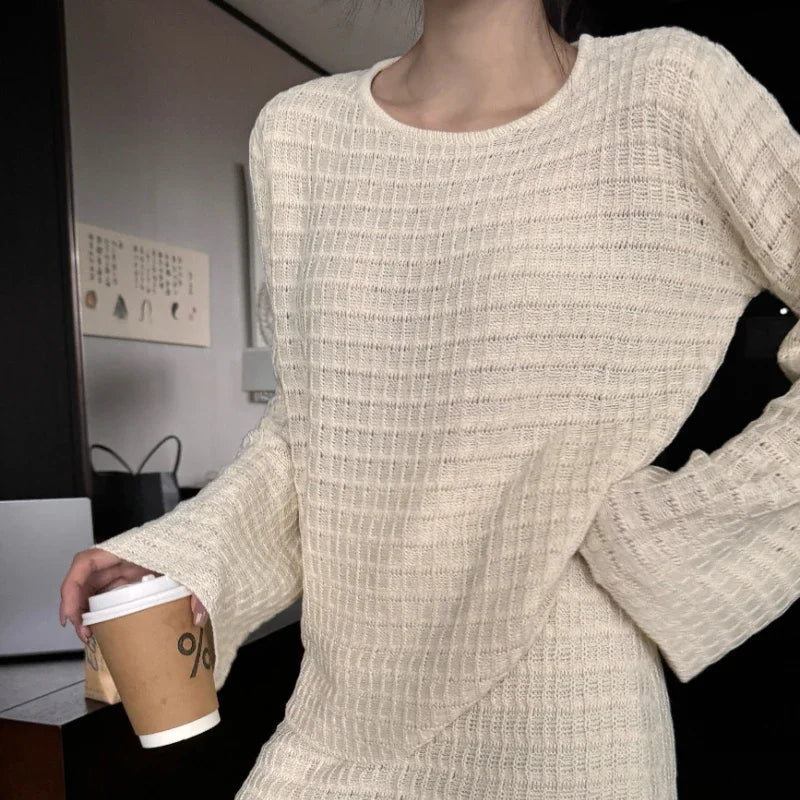 Autumn New Oneck Color All Match Hollow Flare Sleeve Sweater + High Waist Knitted Skirt Twopiece Suit