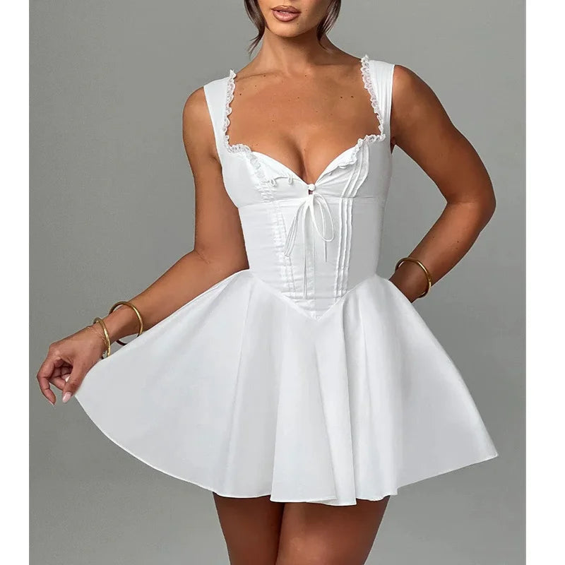 Corset Dress Color Square Collar Sleeveless Lace Trim Hem a Line Mini Dress Evening Party Dresses