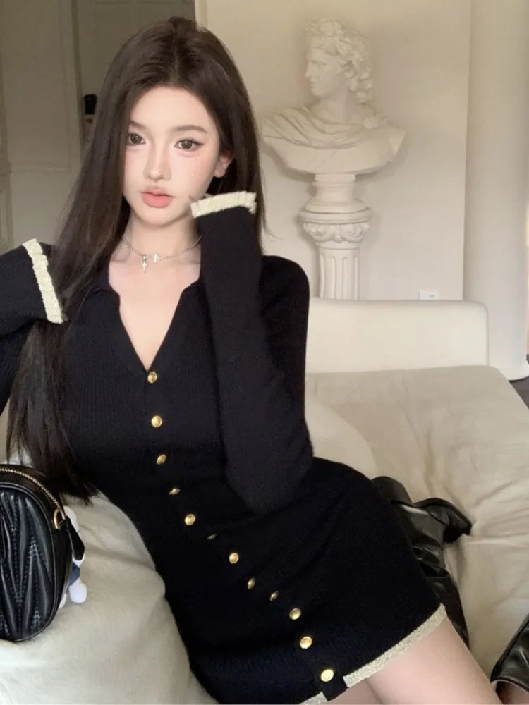 Knitted Mini Dresses for V-neck Flare Sleeve Bodycon Slim Party Dress Korean New Short Vestidos Mujer