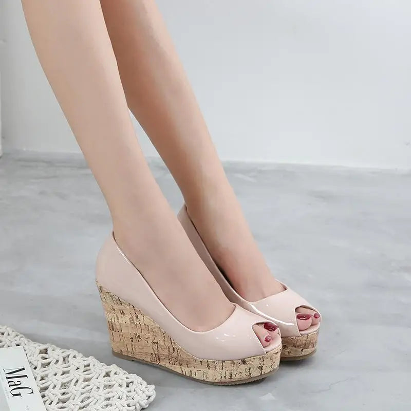 3143 New Wedge Open Toe Shoes High Heel Platform Shoes Patent Leather