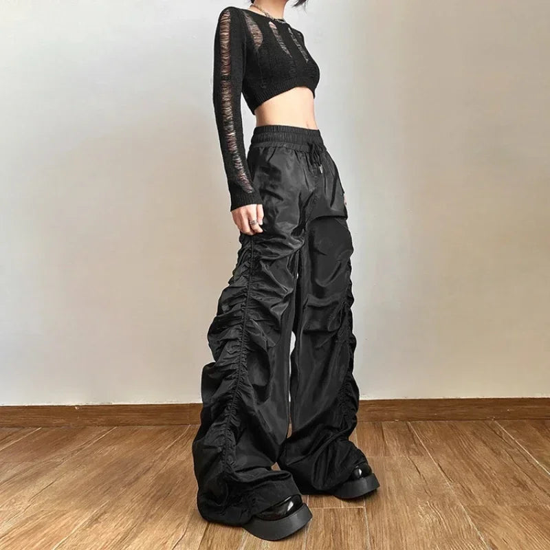 High Waist Drawstring Black Pants Spring New Pleated Loose All Match Wide Leg Pants