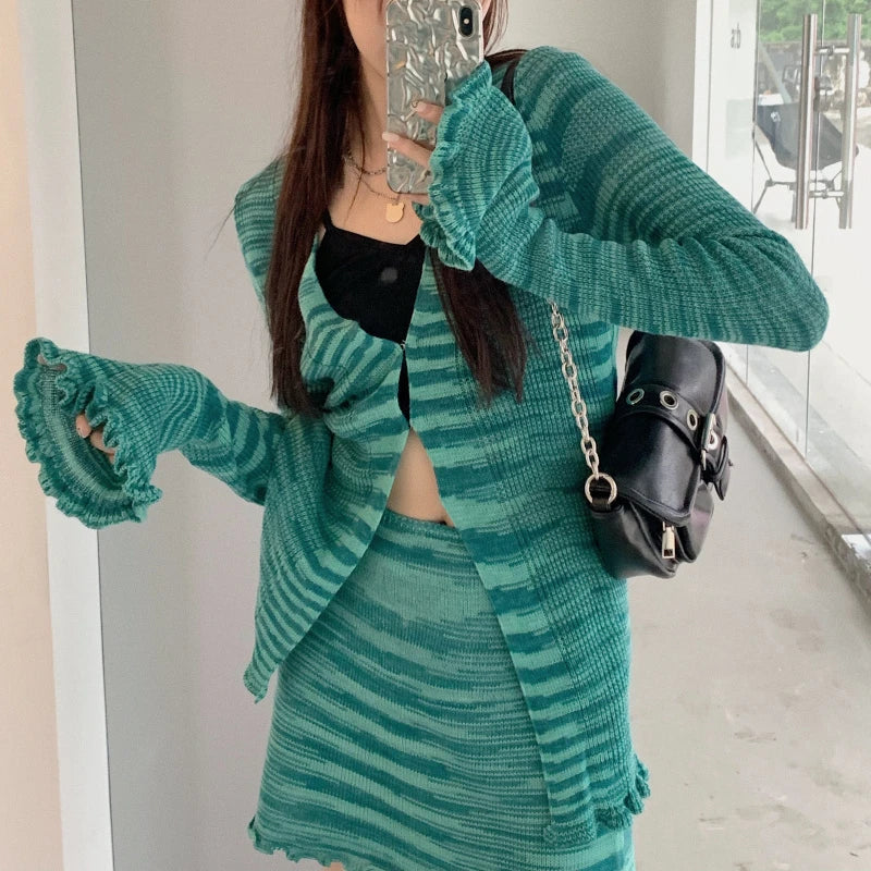 Y2k Orange Striped Suit Fungus Edge Longsleeved Knitted Cardigan Autumn Short Skirt 2piece Set