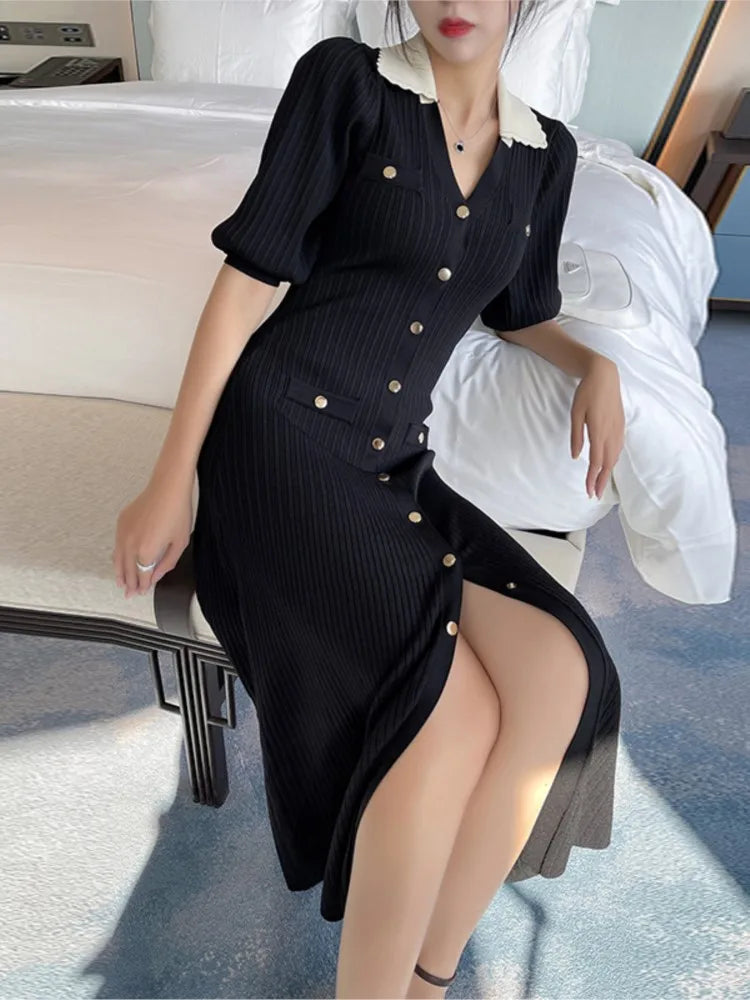 Autumn Knitted Dresses for Patchwork V-neck Puff Sleeve Single Breasted Midi Dress Vestidos Femme