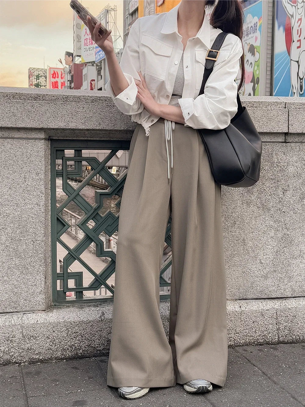 Loose Wide Leg Pants New Spring Summer High Waist Laceup Full Length Trousers Pocket Female