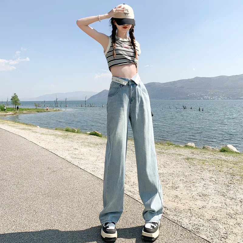 Rugged Waist Design and Feeling Denim New Loose High Waisted Slim Denim Straight Leg Pants Floor Mop Pants