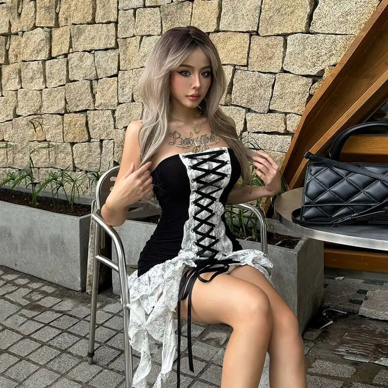 Spicy Girl Waist Cinching Slim Fit Strap Tassel Ruffle Strapless Dress for Summer New Off Shoulder Mini Dress