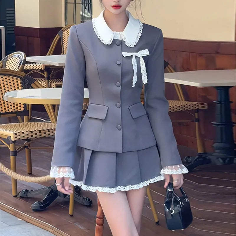 Two-piece Skirt Set Long Sleeve Single Breasted Blazer Coat Lace Pleated Mini Skirt Autumn Korean Outfits