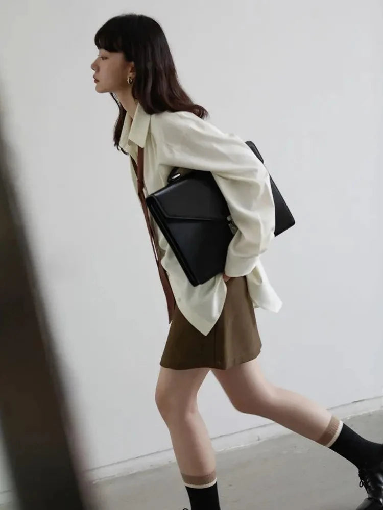 Autumn Minimalist Long Sleeve Button Up Shirt Korean Style Tie Oversize Shirts Blouse Loose Clothes Autumn Tops