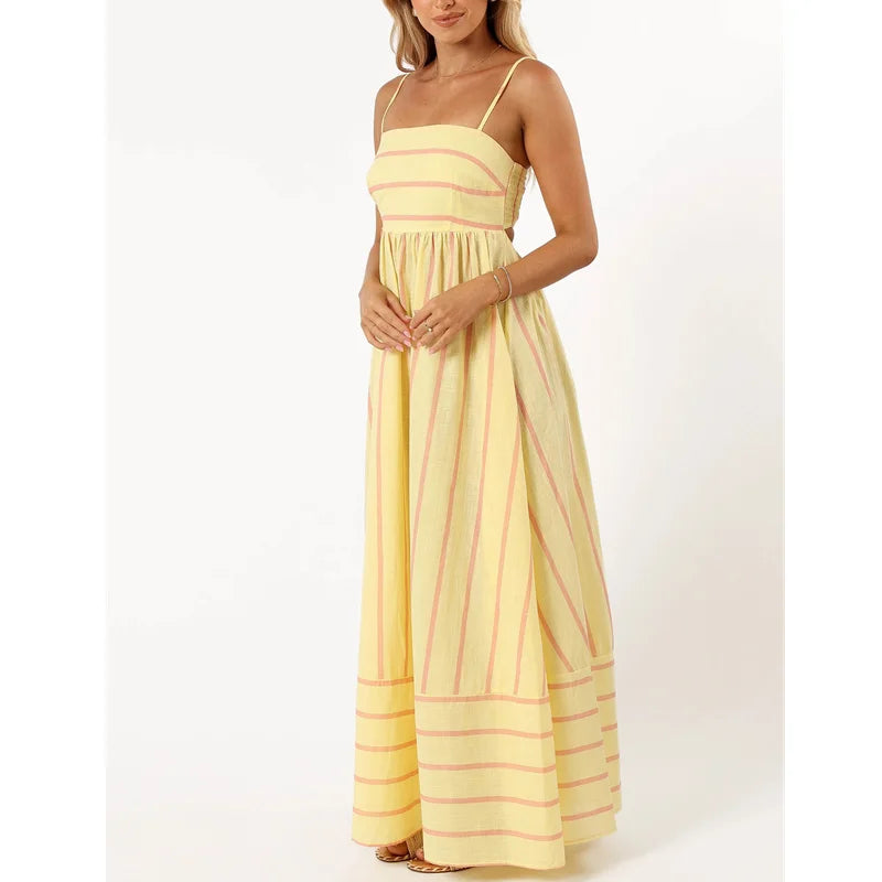 Vacation Dresses Summer Striped Spaghetti Strap Sleeveless High Waist a Line Long Dresses Party Clubwear