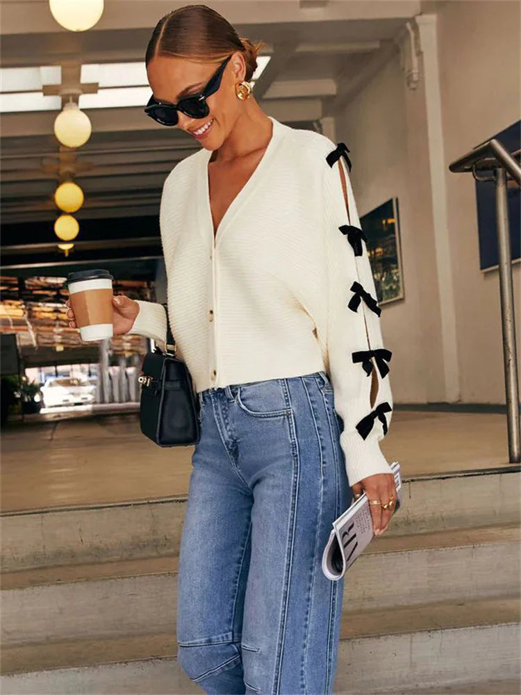 Tee Bow Knit Cardigan Sweater V-neck Ribbed Hollow Out Contrast Lace-up Knitwear Coat Female Outwear