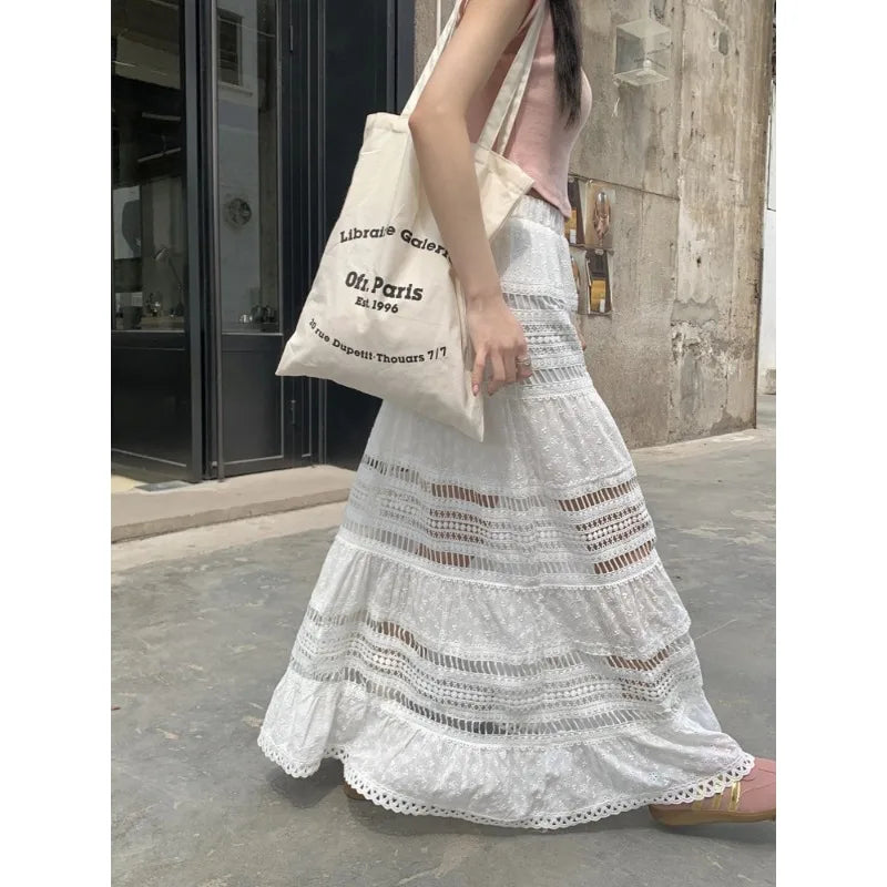 Spring and Summer Korean Retro High Street Low Waist Hollow Out White Long Lace Skirt Skirt