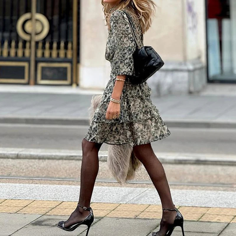 Turtleneck Long Sleeve Layered Cake Dress Temperament High Waist Party Dress New Spring Print Chiffon Mini Dress