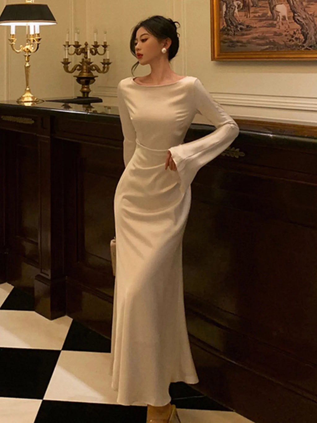 Flare Sleeve Wedding Mermaid Long Dress Spring Autumn French Slim One Piece Party Robe Mujers Clothes