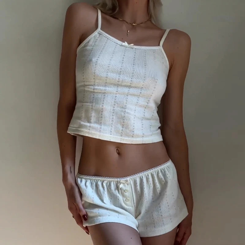 Kawaii 2 Piece Set Fairycore Cottage Bow Camis Crop Tops + Mini Shorts 00s Pajamas Loungewear Y2k Outfits