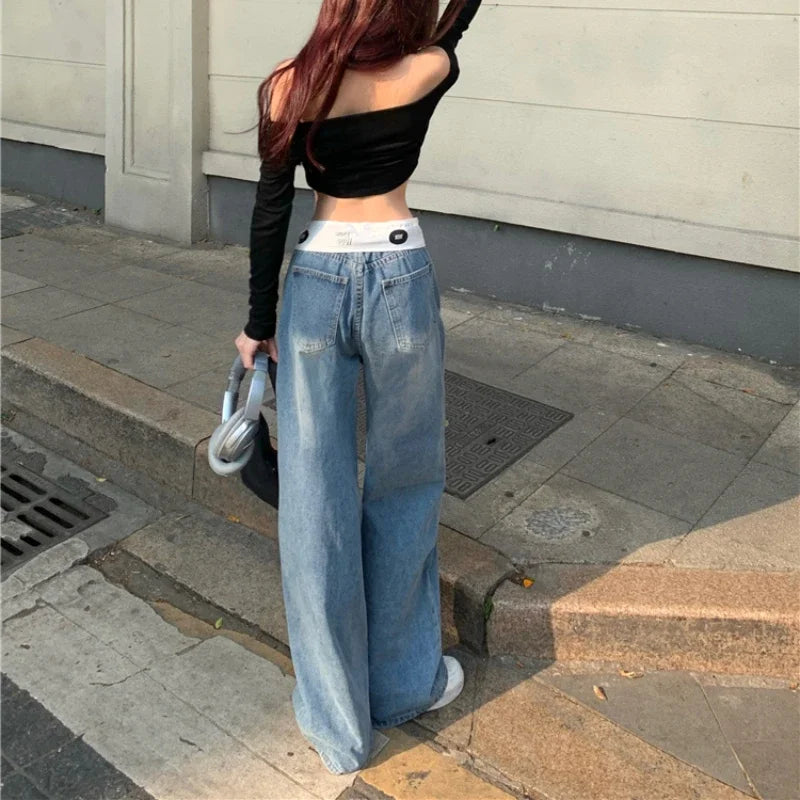 Distressed Patchwork Loose Jeans Summer New Low Waist Letter Printed Denim Wide Leg Pants