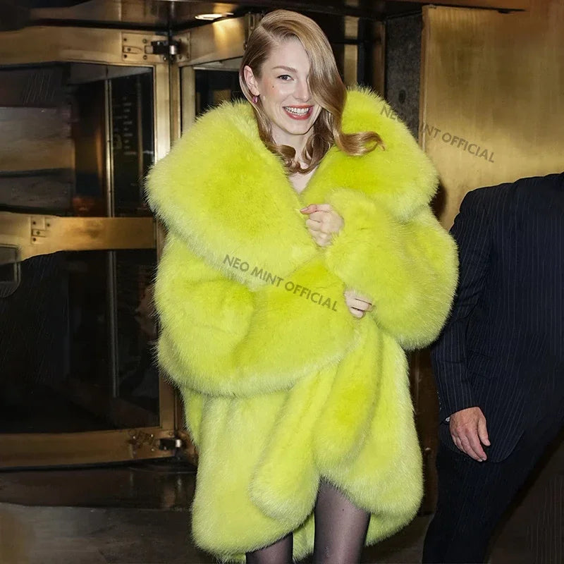 Brand Runway Long Hooded Faux Fur Coat Jacket Ins Nicki Minaj Neon Green Chunky Overcoat Outerwear