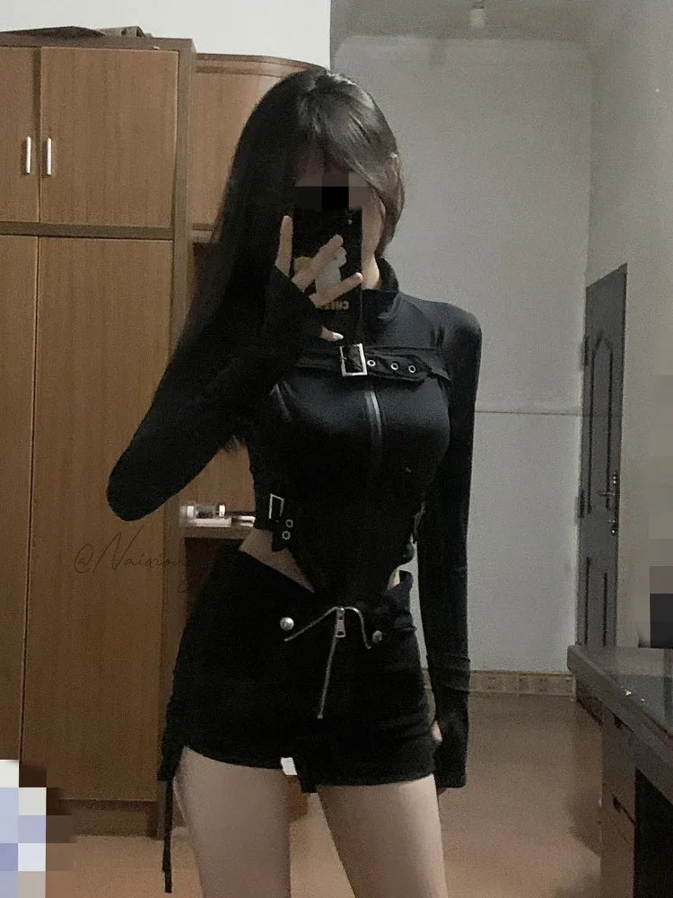 Spring New Slim Fit Black Long Sleeve Zipper Tops + High Waist Drawstring Shorts Y2k Egirl Two Piece Sets