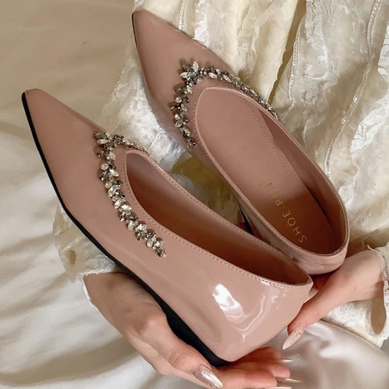 Crystal Shallow Mouth Pumps Pointed Toe Low Heeled Slingback Sandals Party Dress Shoes Branded Loafers
