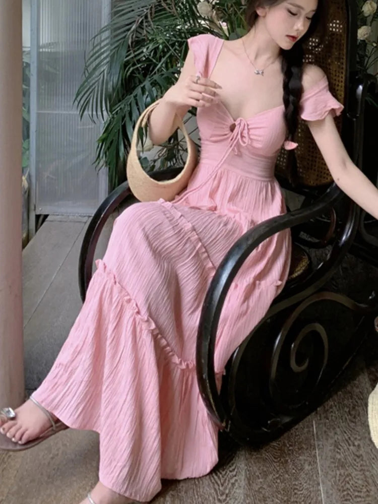 New Summer Long Dresses for Off Shoulder Aline Ruched Korean Holiday Beach Style Party Dress Robe Vestido