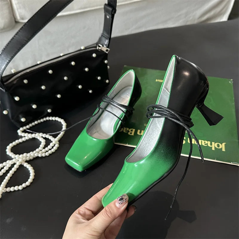 Squaretoed Mary Jane Shoes Pumps Mixed Colors Designer Slingback Shoes Female Retro Ankle Straps High Heels Mary Jane