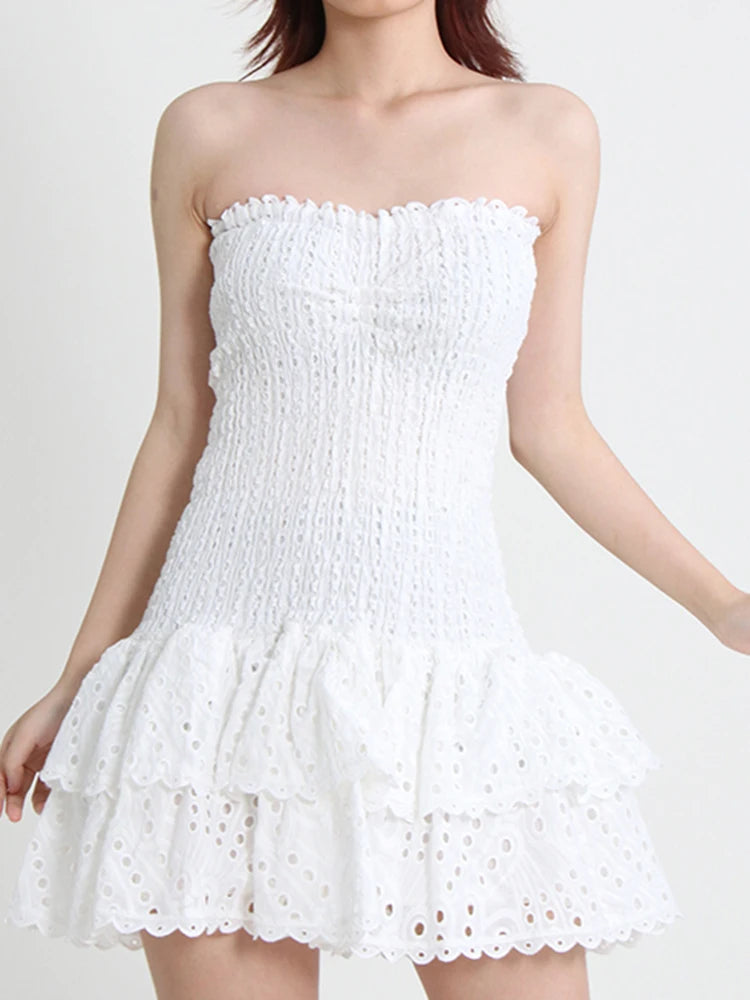Embroidery Cut Out Woman Mini Dress Strapless Off Shoulder High Waist Vestidos Female Clothing Summer 23a430