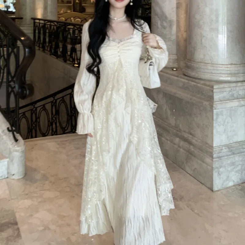 Autumn Winter New Midi Dresses for Lace Ruffles Flare Sleeve Aline Birthday Party Dress Korean Vestidos Mujer