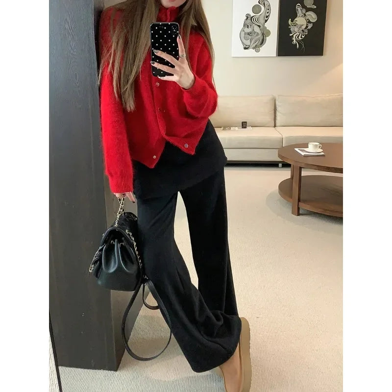 Fake Two Pieces Splicing Color Wide Leg Pants Spring New Korean High Waist Loose All Match Pants