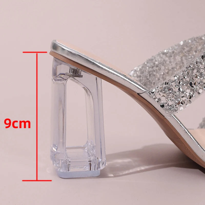 Double Band Glitter High Heels Sandals Gold Silver Party Dress Shoes Woman Summer Open Toe Crystal Heel Sandalias