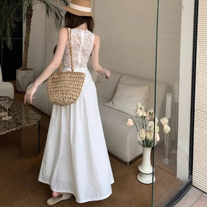 French Style Vneck Lace Splicing Dress Summer New Temperament Slimming Offtheshoulder Party Evening Long Dresses
