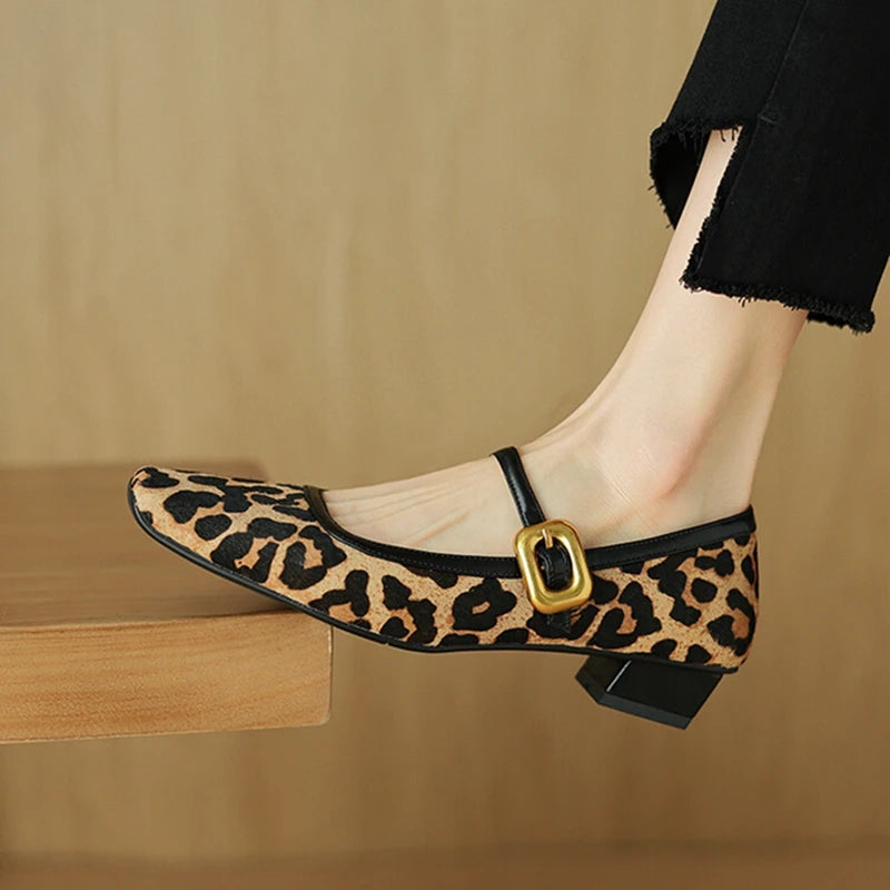 New Spring/autumn Pumps Square Toe Chunky Heel Shoes Horsehair Leopard Shoes for Concise High Heel Buckle Mary Janes
