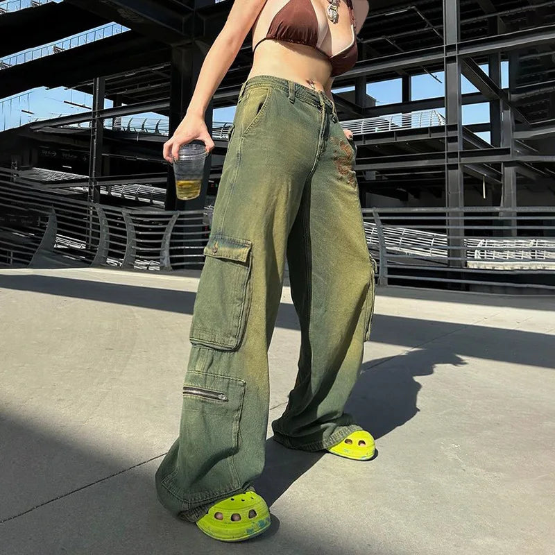 Grunge Fairycore Cargo Pants Denim Y2k Aesthetic Dragon Embroidery Jeans Baggy Distressed Trousers