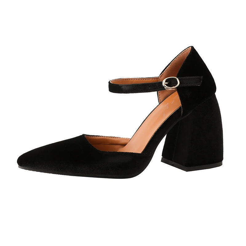 Velvet High Heels Shoes Female Ankle Straps Black Green Heeled Pointy Party Shoe Dress Pumps 45