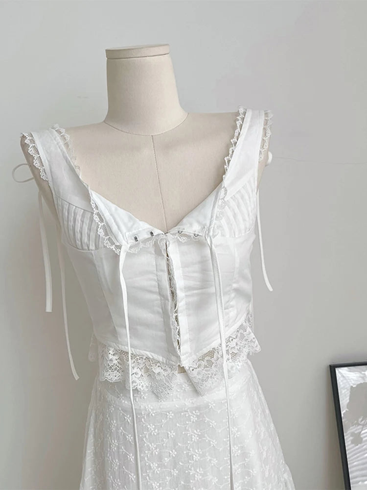 2 Pieces Sets Outfit Lace Patchwork Tie Up Bow Design Slim Crop Suspender Vest+aline High Waist Pleated Skirts