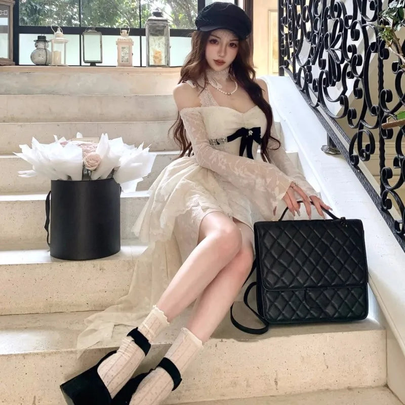 Y2k Lace Mini Dresses for Slash Neck Flare Sleeve A-line Ruffles Birthday Party Short Train Dress Korean Vestidos