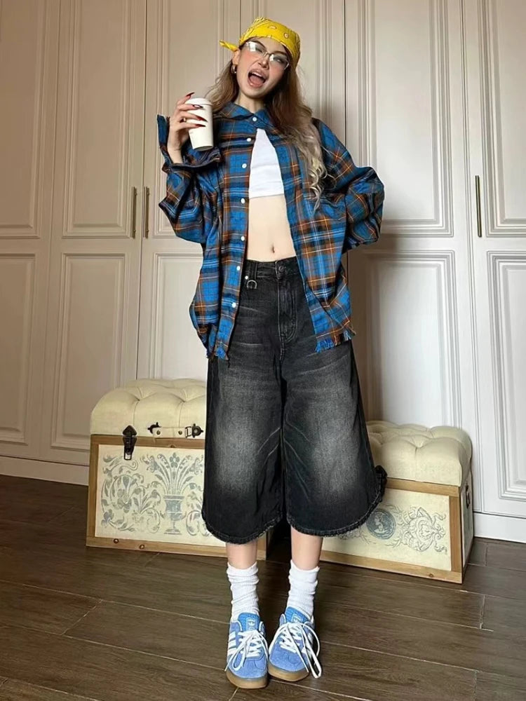 Black Calflength Shorts Jeans Oversize Wide Leg Denim Pants Y2k Causal Do Old Summer Bottoms