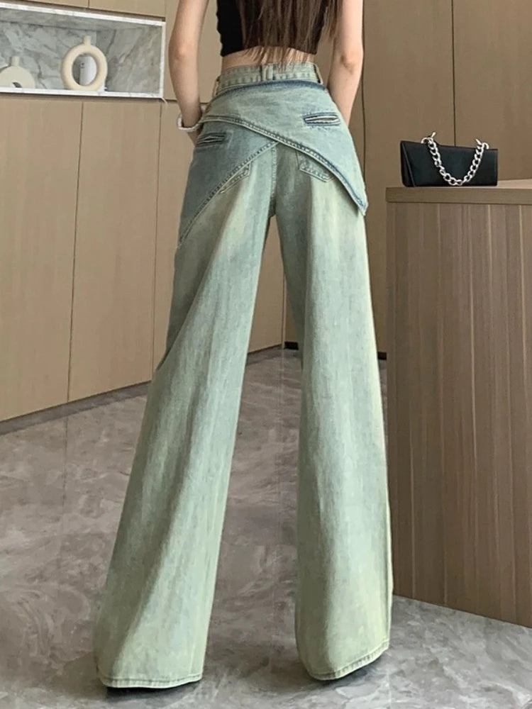 Light Blue Jeans Irregular Belt Cowboy Denim Straight Wide Leg Pants Female 90s Do Old Aesthetics Trousers