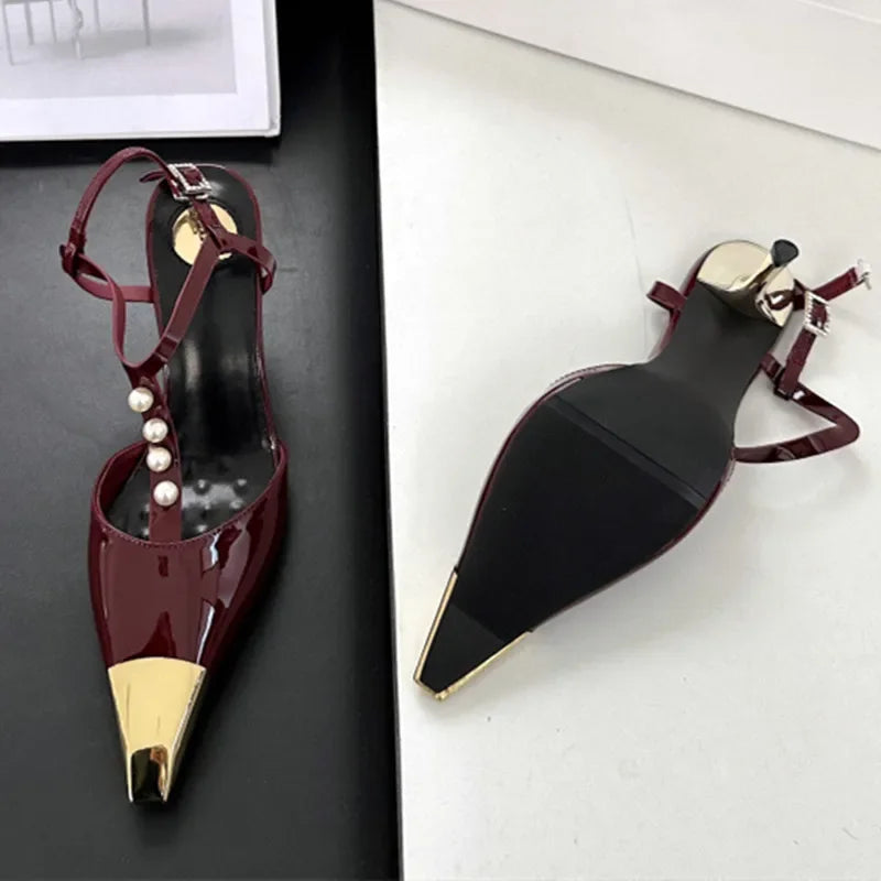 Metal Pointed Toe Stiletto Sandal Pearls Strap Buckle Designer High Heels Party Prom Shoes Summer Pumps