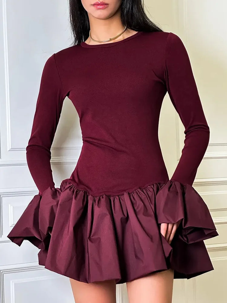 Angora Red Flare Sleeve Mini Dress for Splice Folds Autumn Winter Dress A-line Sweet Bodycon Clothes