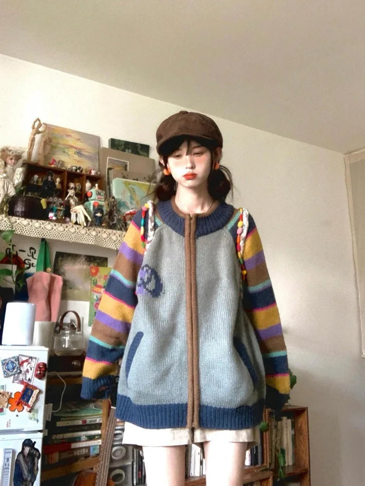Contrast Color Rainbow Striped Sweater Female Pull Femme Knitted Cardigan Crew Neck Zipper Loose Thicken Coat