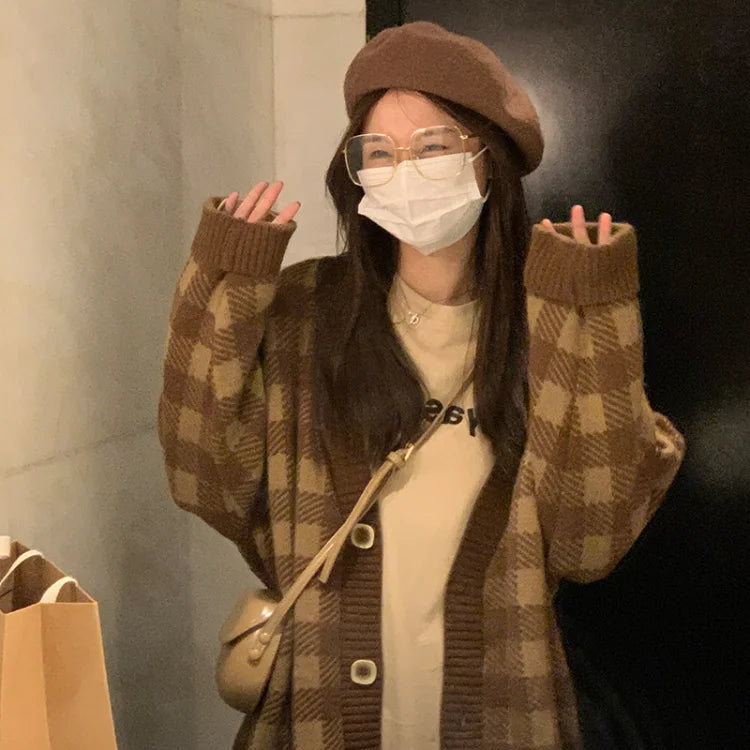 Harajuku Sweet Chessboard Grid Knitted Cardigan Autumn Loose Long Sleeve Sweater Y2k Grunge Single Breasted Cardigans
