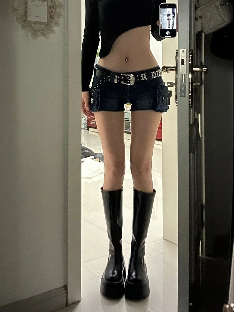 Woman Hot Slim Pants Low Waist Jean Color Wash Shorts Denim Shorts With Belt Classical Gyaru Dark Academia