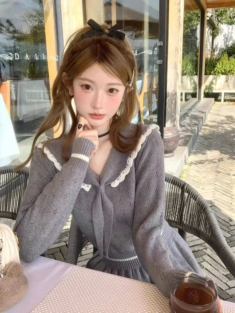 Winter Spring New 2 Piece Mini Sweater Knit Pleated Skirts Set Slim Korean Preppy Style Female Outfits