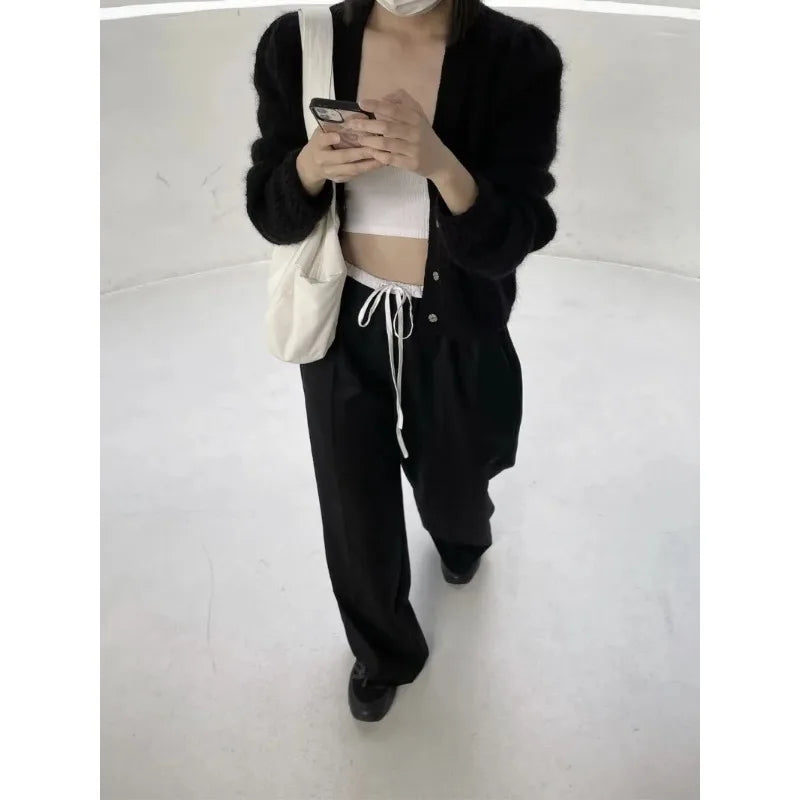 Summer Korean Retro High Street Black and White Stitching Elastic Laceup Wide Leg Pants