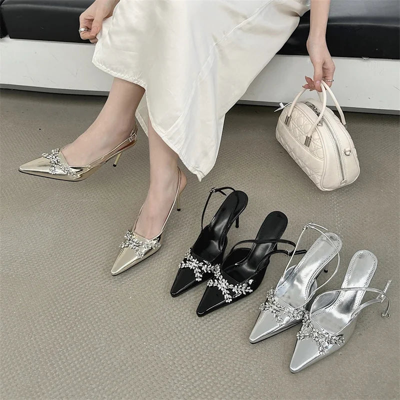 Design Crystal Rhinestone Pumps Buckle Strap Banquet Thin High Heels Prom Sandals Mule Shoes Zapatos De Mujer