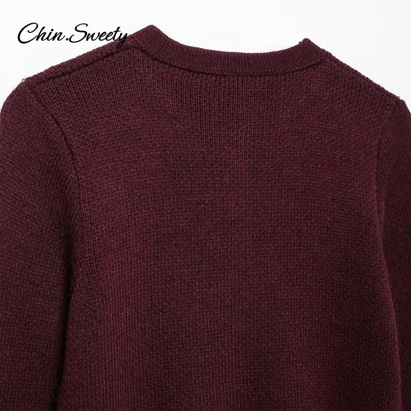Autumn Knit Burgundy ’s Cardigans O-neck Single-breasted Long Sleeve Pocket Top Autumn Winter Lady All-match Knitwear