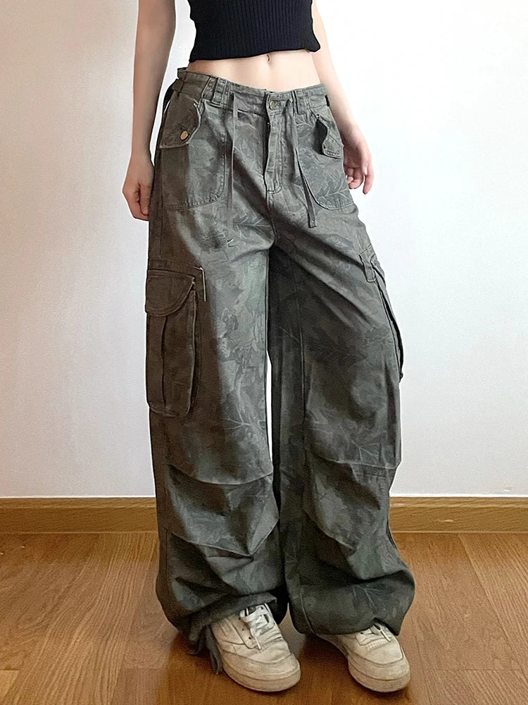 Print Camouflage Cargo Jeans Pockets Mid Waist Preppy Hippie Straight Denim Pants